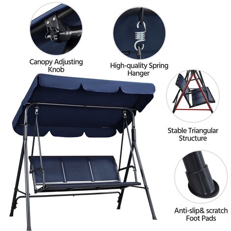 Yaheetech 3-Seat Outdoor Patio Swing Chair Weather-resistance Hanging Swing Glider with Adjustable Canopy/ Armrests, Blue