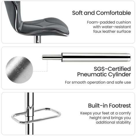 Yaheetech 2Pcs Adjustable Bar Stool Fashionable Bar Chairs Faux Leather Swivel Stools Chair with Shell Back, Dark Gray