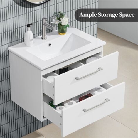 Yaheetech Wall Mounted Bathroom Vanity with Sink, Floating Bathroom Cabinet with Ceramic Basin, White