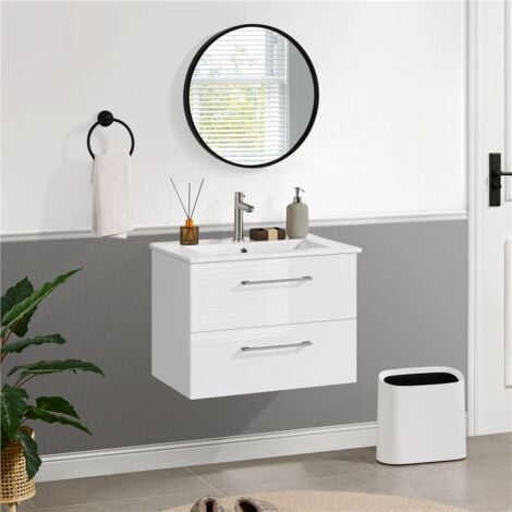 Yaheetech Wall Mounted Bathroom Vanity with Sink, Floating Bathroom Cabinet with Ceramic Basin, White