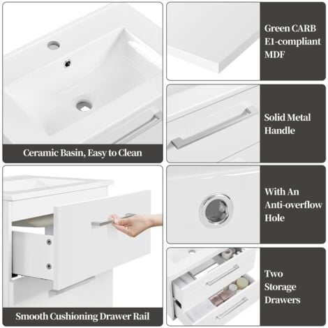 Yaheetech Wall Mounted Bathroom Vanity with Sink, Floating Bathroom Cabinet with Ceramic Basin, White