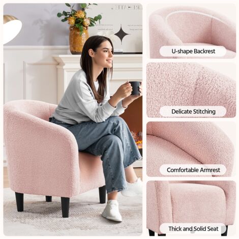Yaheetech Boucle Club Chair Accent Barrel Chair Upholstered Arm Chair, Pink