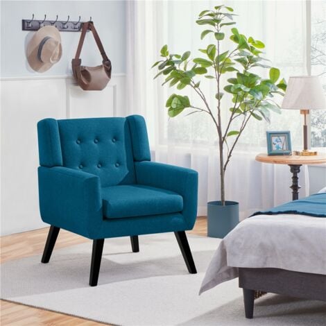 Yaheetech Accent Chair Button Tufted Armchair with Solid Wood Legs,Thick Removable Seat Cushion, Navy Blue