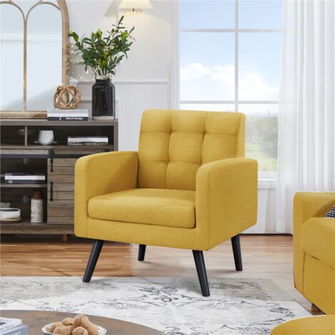 Yaheetech Modern Fabric Arm Chair Tufted Accent Chair with Rubber Wooden Leg, Yellow