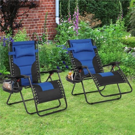 Yaheetech 2pcs Zero Gravity Recliner Oxford Cloth Patio Lounge Camping Chair, Navy Blue/Black