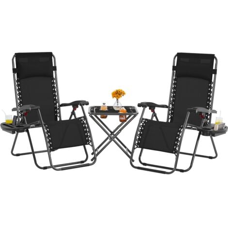 Yaheetech 3pcs Outdoor Zero Gravity Chairs with Table Texteline Foldable Recliner & Table Set, Black