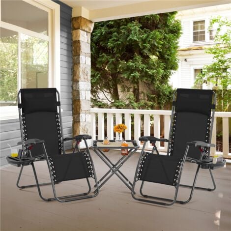 Yaheetech 3pcs Outdoor Zero Gravity Chairs with Table Texteline Foldable Recliner & Table Set, Black