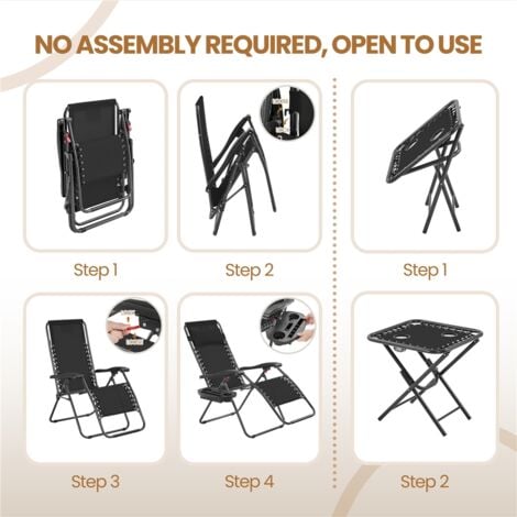 Yaheetech 3pcs Outdoor Zero Gravity Chairs with Table Texteline Foldable Recliner & Table Set, Black