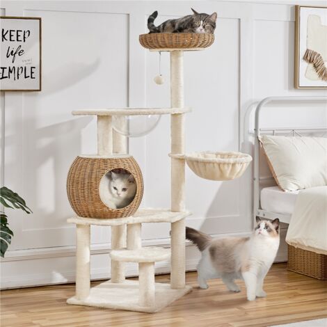 Yaheetech Rattan Cat Tree with Clear Bowl Woven Cat Nest with Soft Cushion,  Beige