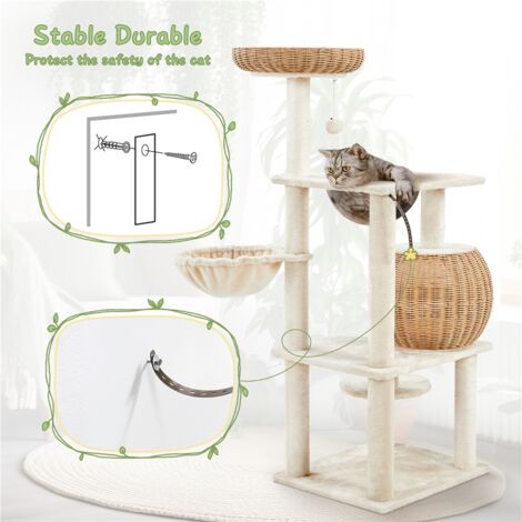 Yaheetech Rattan Cat Tree with Clear Bowl Woven Cat Nest with Soft Cushion,  Beige