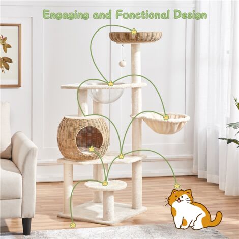 Yaheetech Rattan Cat Tree with Clear Bowl Woven Cat Nest with Soft Cushion,  Beige