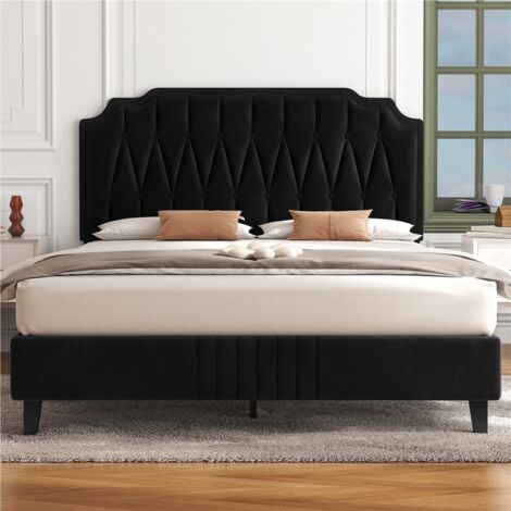 Yaheetech 4ft6 Double Upholstered Bed Frame with Button-Tufted Headboard, Black