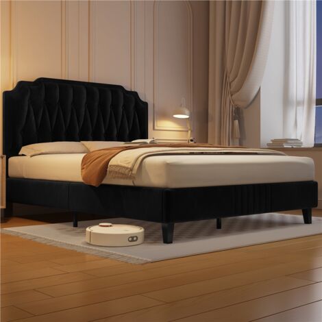 Yaheetech 4ft6 Double Upholstered Bed Frame with Button-Tufted Headboard, Black