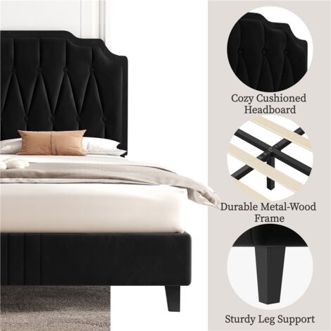 Yaheetech 4ft6 Double Upholstered Bed Frame with Button-Tufted Headboard, Black