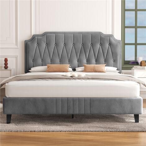 Yaheetech 4ft6 Double Upholstered Bed Frame with Button Tufted Headboard Light Gray