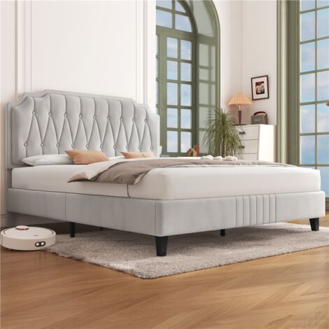 Yaheetech 4ft6 Double Upholstered Bed Frame with Button-Tufted Headboard, Beige