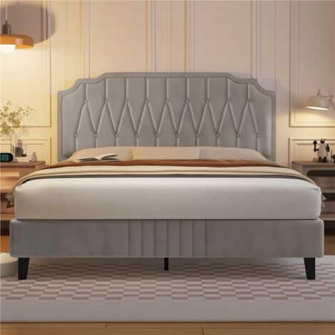 Yaheetech 4ft6 Double Upholstered Bed Frame with Button-Tufted Headboard, Beige