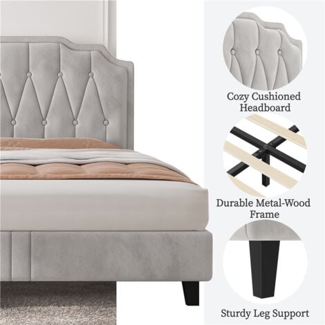 Yaheetech 4ft6 Double Upholstered Bed Frame with Button-Tufted Headboard, Beige