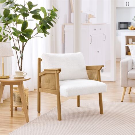 Yaheetech Boucle Upholstered Accent Chair Lounge Chair with Rattan Back and Sides, White