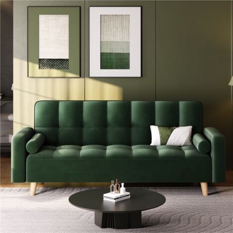 Yaheetech Velvet Convertible Sofa Bed, 3 Seater Convertible Settee Sofa Bed With Armrests and 2 Bolster Pillows, Green