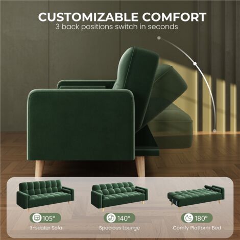 Yaheetech Velvet Convertible Sofa Bed, 3 Seater Convertible Settee Sofa Bed With Armrests and 2 Bolster Pillows, Green