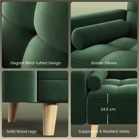 Yaheetech Velvet Convertible Sofa Bed, 3 Seater Convertible Settee Sofa Bed With Armrests and 2 Bolster Pillows, Green