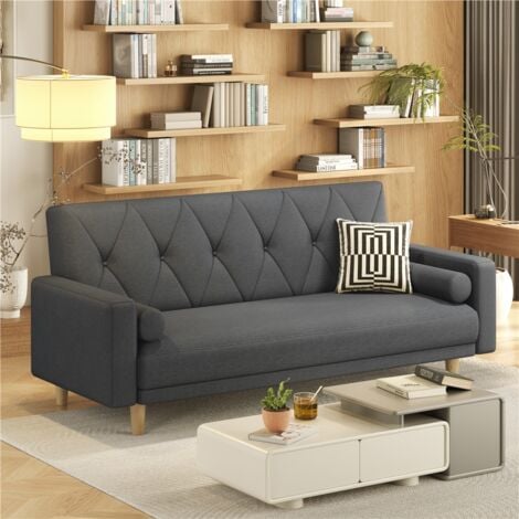 Yaheetech Convertible Sofa Bed, Button-tufted Fabric 3-Seater Sofa Bed with 2 Bolster Pillows, Black
