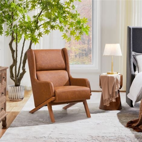Yaheetech High Back Accent Chair Oversized Upholstered Armchair with Wood-tone Metal Legs, Brown