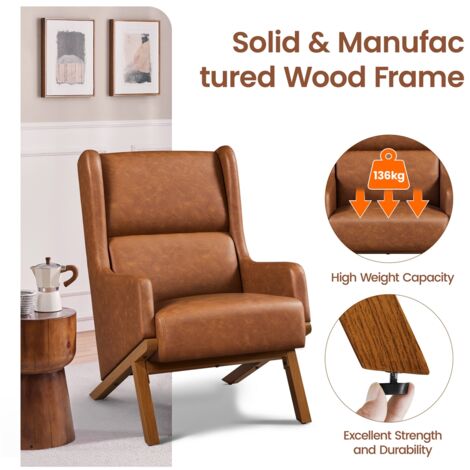 Yaheetech High Back Accent Chair Oversized Upholstered Armchair with Wood-tone Metal Legs, Brown