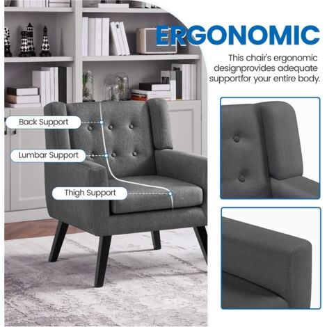 Yaheetech Accent Chair Button Tufted Armchair with Solid Wood Legs,Thick Removable Seat Cushion, Dark Gray