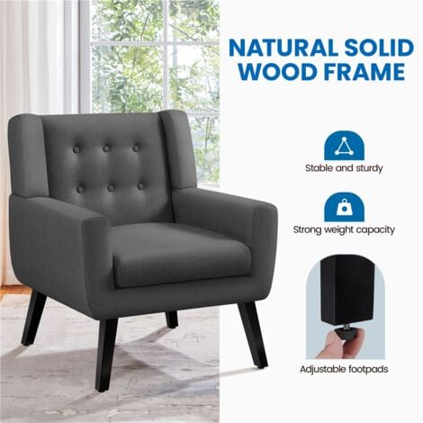 Yaheetech Accent Chair Button Tufted Armchair with Solid Wood Legs,Thick Removable Seat Cushion, Dark Gray