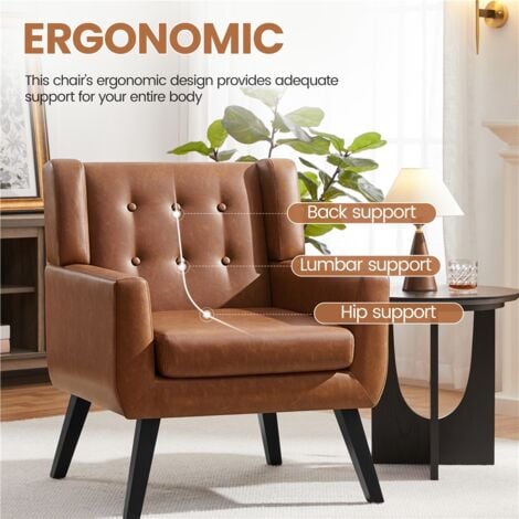Yaheetech Button Tufted Accent Chair Modern Armchair with Solid Wood Legs, Retro Brown