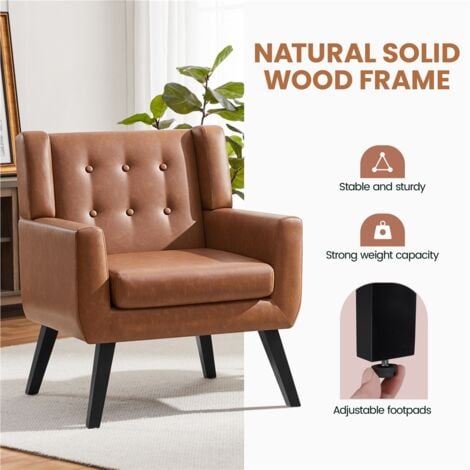 Yaheetech Button Tufted Accent Chair Modern Armchair with Solid Wood Legs, Retro Brown