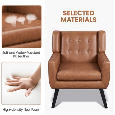 Yaheetech Button Tufted Accent Chair Modern Armchair with Solid Wood Legs, Retro Brown