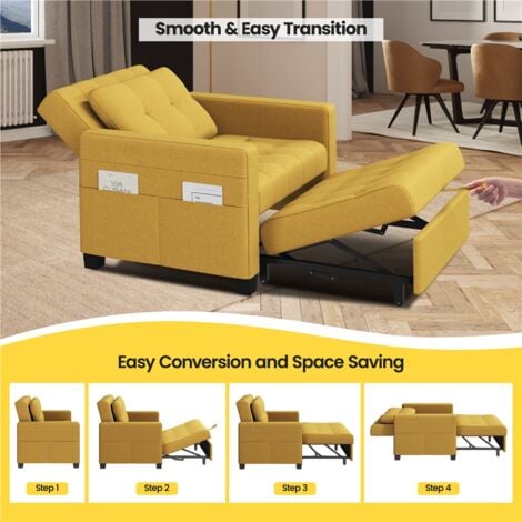 Yaheetech 3-in-1 Convertible Sleeper Chair Bed, Tufted Sleep Bed, Yellow
