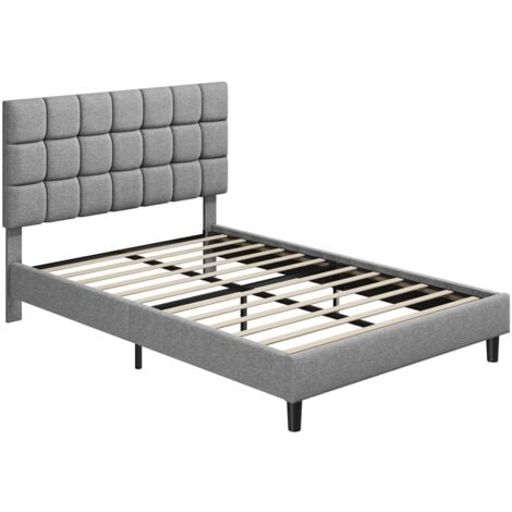 Yaheetech 5ft King Upholstered Bed Frame Modern Platform Bed Frame with Strong Wooden Slats Support, Square Tufted Headboard, Light Gray