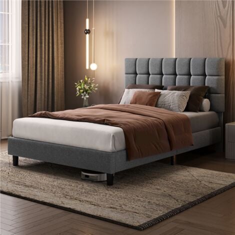 Yaheetech 5ft King Upholstered Bed Frame Modern Platform Bed Frame with Strong Wooden Slats Support, Square Tufted Headboard, Light Gray