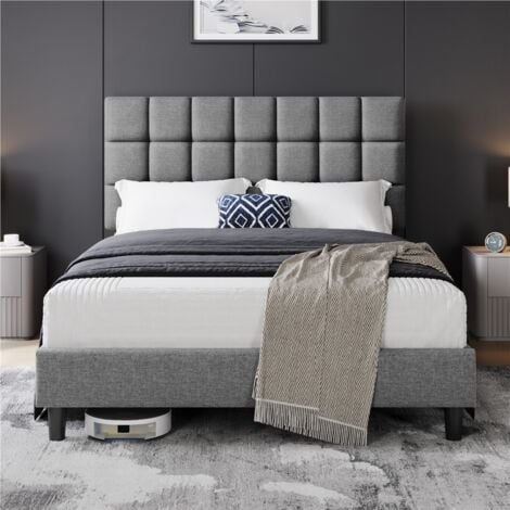 Yaheetech 5ft King Upholstered Bed Frame Modern Platform Bed Frame with Strong Wooden Slats Support, Square Tufted Headboard, Light Gray