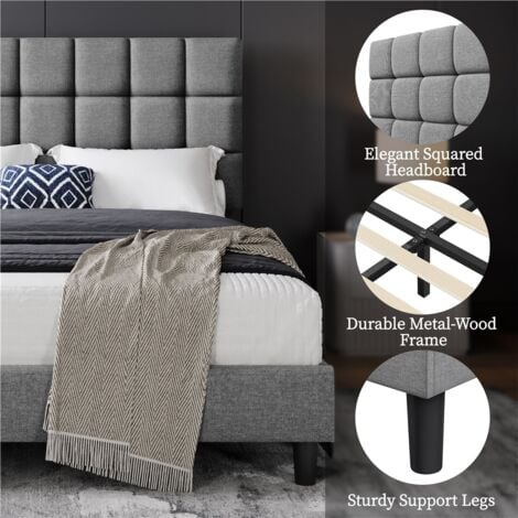 Yaheetech 5ft King Upholstered Bed Frame Modern Platform Bed Frame with Strong Wooden Slats Support, Square Tufted Headboard, Light Gray
