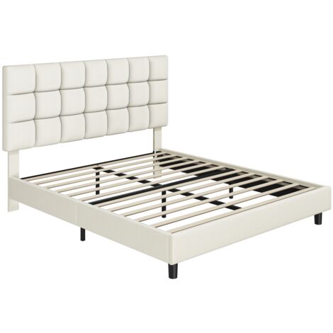 Yaheetech 5ft King Upholstered Bed Frame Modern Platform Bed Frame with Strong Wooden Slats Support, Square Tufted Headboard, Beige