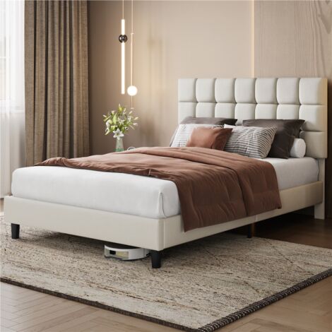 Yaheetech 5ft King Upholstered Bed Frame Modern Platform Bed Frame with Strong Wooden Slats Support, Square Tufted Headboard, Beige