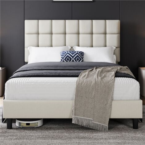 Yaheetech 5ft King Upholstered Bed Frame Modern Platform Bed Frame with Strong Wooden Slats Support, Square Tufted Headboard, Beige