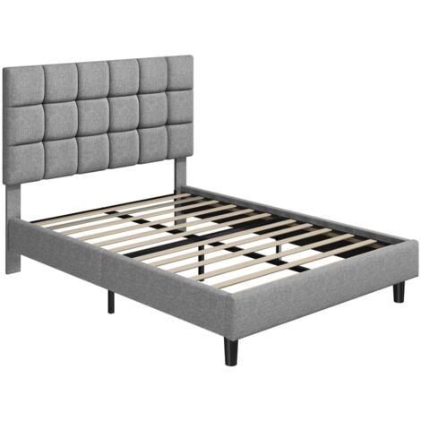 Yaheetech 4ft6 Double Upholstered Bed Frame Modern Platform Bed Frame with Strong Wooden Slats Support, Square Tufted Headboard, Light Gray
