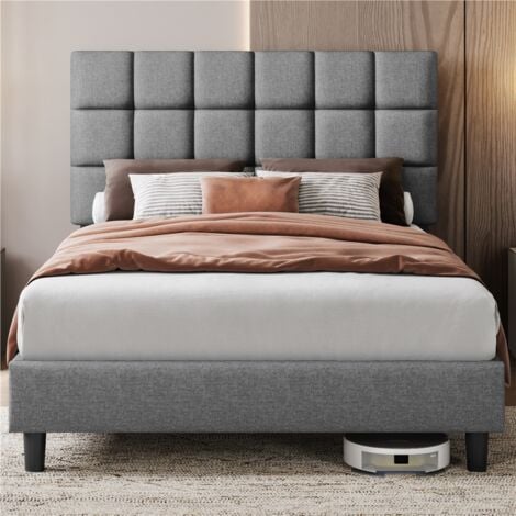 Yaheetech 4ft6 Double Upholstered Bed Frame Modern Platform Bed Frame with Strong Wooden Slats Support, Square Tufted Headboard, Light Gray