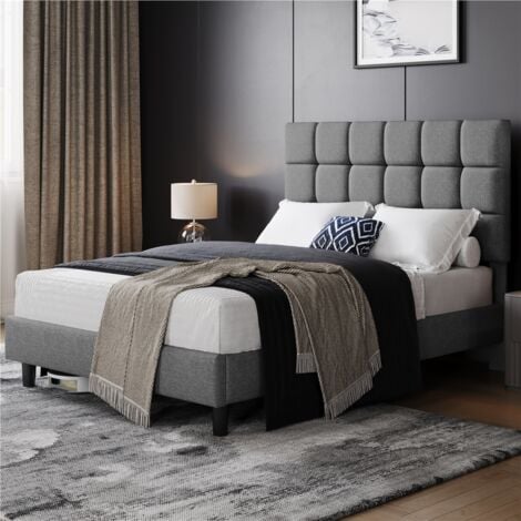 Yaheetech 4ft6 Double Upholstered Bed Frame Modern Platform Bed Frame with Strong Wooden Slats Support, Square Tufted Headboard, Light Gray