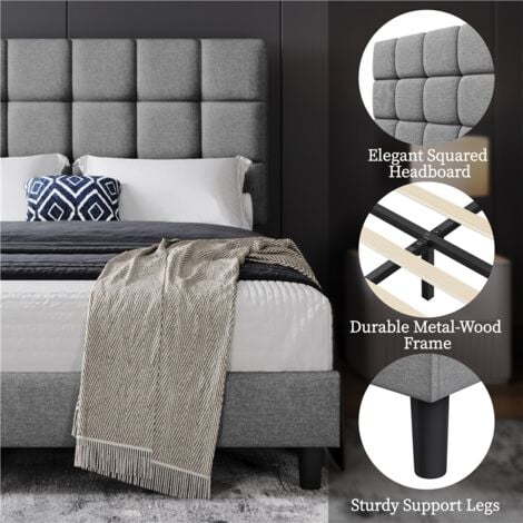 Yaheetech 4ft6 Double Upholstered Bed Frame Modern Platform Bed Frame with Strong Wooden Slats Support, Square Tufted Headboard, Light Gray
