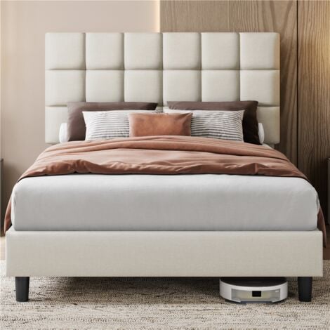 Yaheetech 4ft6 Double Upholstered Bed Frame Modern Platform Bed Frame with Strong Wooden Slats Support Square