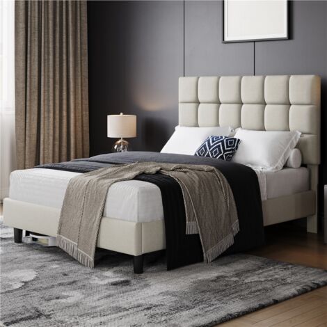 Yaheetech 4ft6 Double Upholstered Bed Frame Modern Platform Bed Frame with Strong Wooden Slats Support, Square Tufted Headboard, Beige