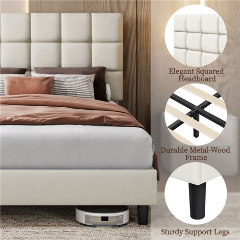 Yaheetech 4ft6 Double Upholstered Bed Frame Modern Platform Bed Frame with Strong Wooden Slats Support, Square Tufted Headboard, Beige