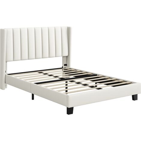 Yaheetech Upholstered Bed Frame with Wing Side Platform Bed,135 cm W x 190 cm L, Beige